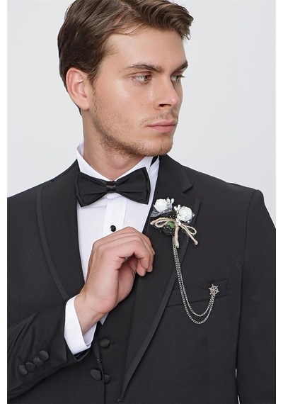 İmza Siyah Desenli Armürlü Mono Yaka Astarlı Yelekli 6 Drop Slim Fit Dar Kesim Smokin Damatlık 1001220201-Siyah