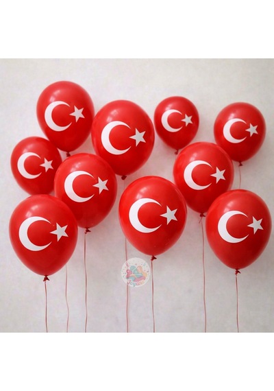 Türk Bayraklı Balon 10 Lu Set 12 İnç 25 Cm A Kalite Lateks Kutlama Bayrak Kırmızı