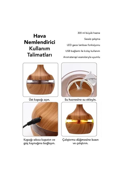 Damla Hava Nemlendirici - 300 Ml Işıklı Buhar Makinesi Humidifier Aroma Difüzörü Açık Kahve