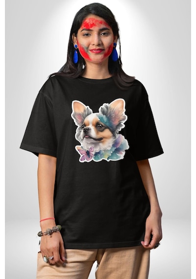 Chihuahua Köpek Pamuklu Bisiklet Yaka Unisex Oversize Boyfriend Dijital Baskılı Siyah T-shirt Siyah
