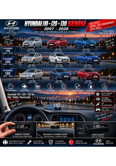 Hyundai İ10/i20/i30 2007-2026 Modeller İçin Head Up Display Hayalet Gösterge Ekranı Ön Cam Hız Göstergesi