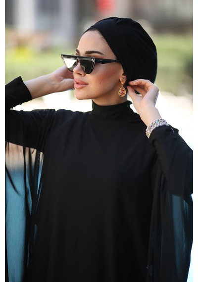 Remsa Mayo Tesettür Mayo Üzerine Desenli Tek Kaftan Pareo Rp001 Siyah Siyah