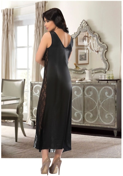 Siyah Dantelli Saten Gecelik - 085