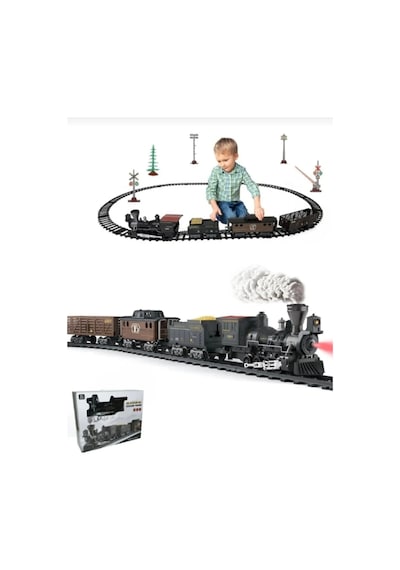 Pilli Buharlı Tren Seti - 30 Parça Işıklı Sesli Gerçek Duman Çıkaran Raylı Tren Oyuncağı