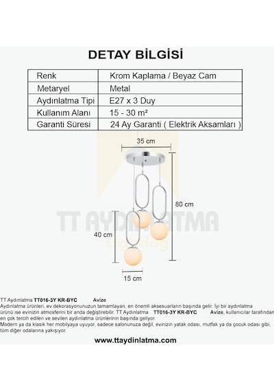 Tt016-3Y Kr Tt Aydınlatma Krom Kaplama Beyaz Camlı 3 Lü Yuvarlak