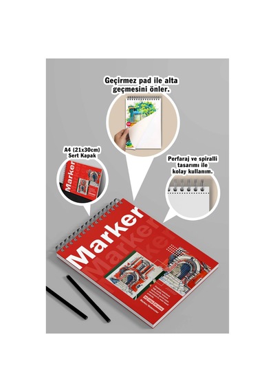 Marker Kalem Boyama Defteri Arkaya Geçirmez Pad A4 150gr, Sert Kapak Premium Resim Defteri