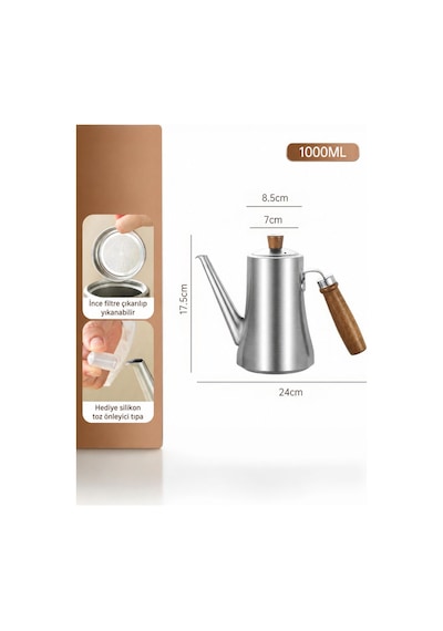 304 Mat Çelik Ahşap Saplı Süzgeçli 1000 Ml Yağdanlık Sosluk Sirkelik Mt273 Gri