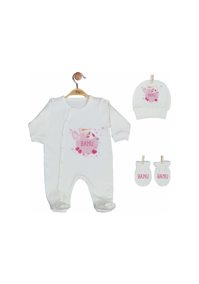 Pia Baby Gl 2005 İsme Özel Leylekli Bebek Yastık Tulum Set Pembe