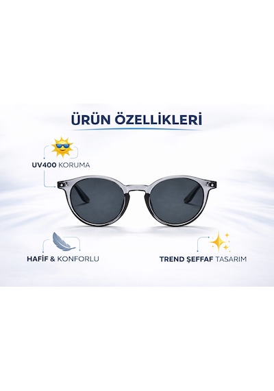 Modatüm Şeffaf Yuvarlak Güneş Gözlüğü Uv400 Korumalı Hafif Modern Tasarım Gri