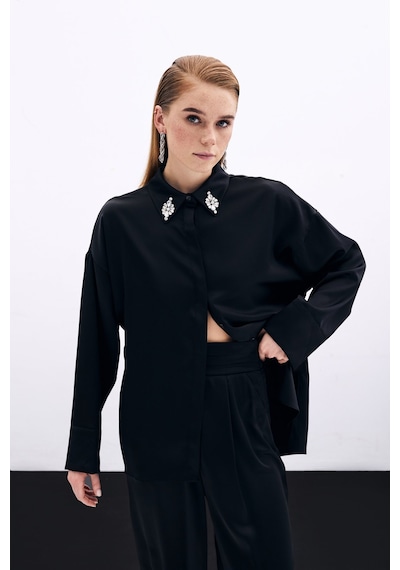Sateen Aksesuar Detaylı Gömlek - Siyah-135822 Siyah