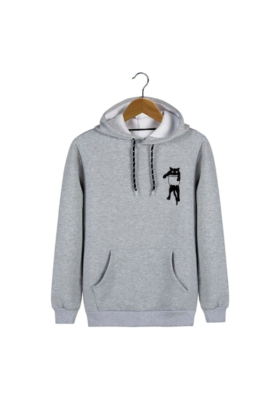Unisex Gri Kapüşonlu Kedi Baskılı Slim Fit Kanguru Cepli Sweatshirt Gri