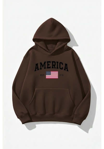 Uyguntarz Unisex Yumuşak Dokulu America Baskılı Tasarım Oversize 3 İplik Hoodie Sweatshirt Kahverengi