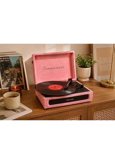 Casablanca Serisi Retro Çanta Pikap Pembe Süet Kaplama, Dahili Hoparlörlü, 3 Hızlı 33/45/78 Rpm , Bluetooth Bağlantılı, Taşınabilir Vintage Plak Çalar