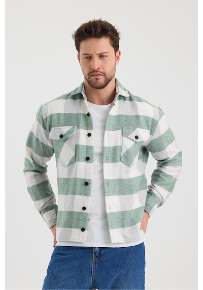 Erkek Slim Fit Gömlek Yaka Düğmeli Çift Cep Kapaklı Oduncu Ekose Gömlek Su Yeşili