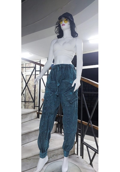 Eren Style Hint Otantik Yıkamalı Taşlanmış Kapaklı Uniseks Şalvar Pantolon Mavi