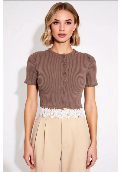 Benerly Kadın Bluz Regular Fit Bisiklet Yaka Kısa Kol Fitilli Triko Crop Vizon