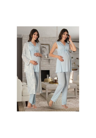 Kaktüslohusa 8034 Mavi Yakası Dantel Desenli Sabahlıklı Hamile Lohusa Pijama Takımı Mavi