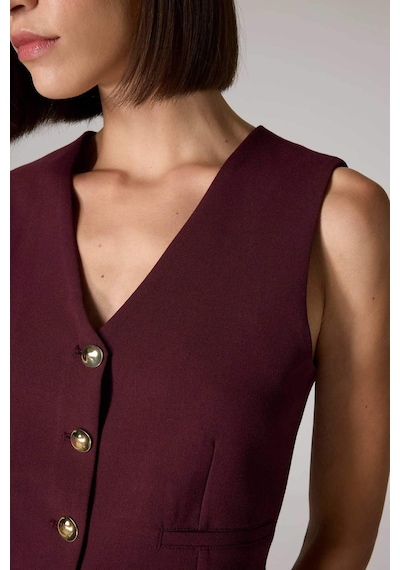 Defacto Sorbe x DeFacto Regular Fit V Yaka Düğmeli Blazer Yelek D9928AX24AU Bordo