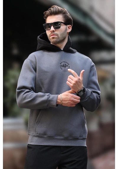 Madmext Füme Kapüşonlu Renk Bloklu Nakış Detaylı Erkek Sweatshirt 7088 Füme