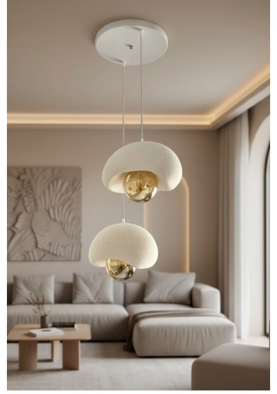 Modern Bohem Beton Görünümlü 2 Li Sarkıt Avize Salon Oturma Odası İçin Ampul Uyumlu Dekoratif Model Çok Renkli