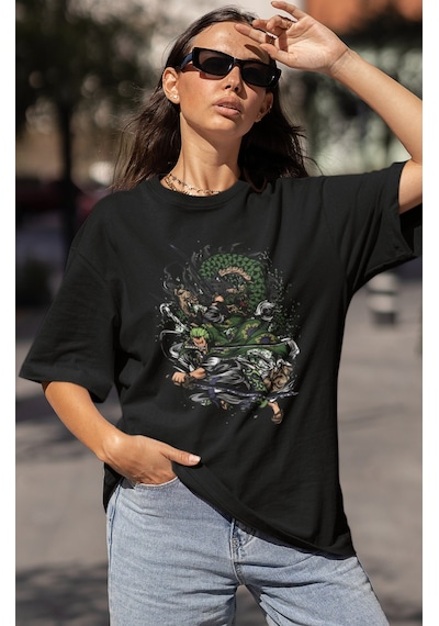 Tasarım Roronoa Zoro Baskılı Unisex Oversize One Piece Anime Kara Siyah