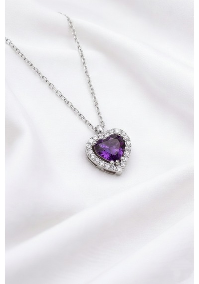 Çekirdekjewelry 925 Ayar Gümüş Zirkon Taşlı Kalplı Kolye Gri Mor