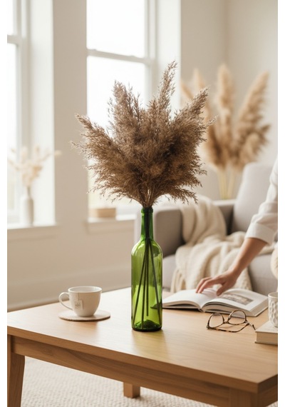 Doğal Pampas Otu Demeti 5 Li Yeşil Vazolu Set, 50 Cm Dekoratif Kurutulmuş Bitki Çok Renkli