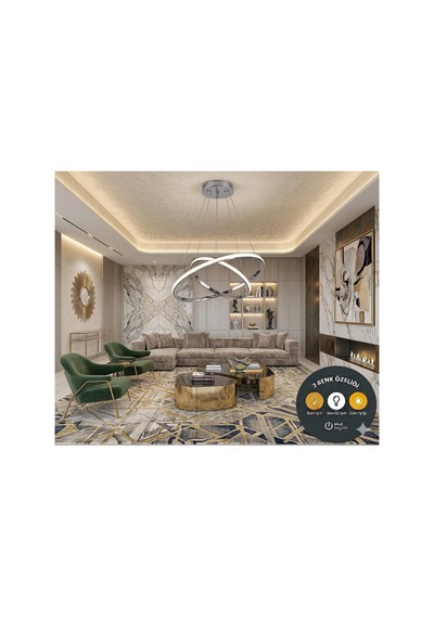 Luxury Krom 2'li Halka Led Sarkıt Avize - 3 Renk Işıklı Modern Salon Mutfak Avizesi
