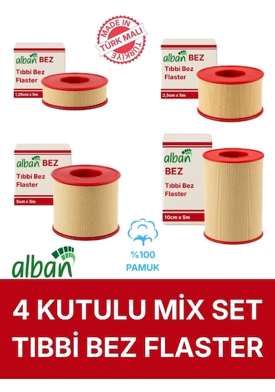 Bez Flaster 4'lü Mix Set, Pamuklu Medikal Sabitleme Bandı Tekli Rulo