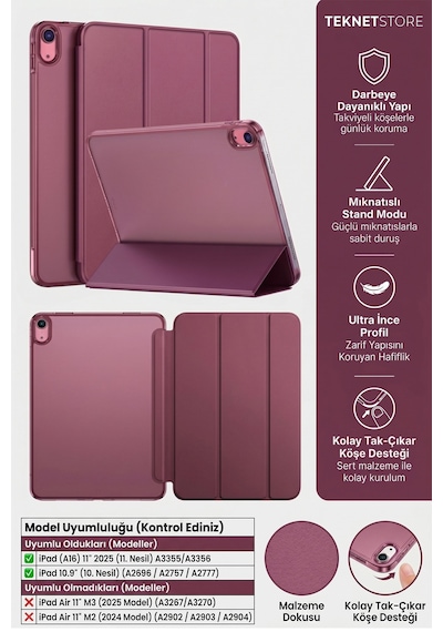 İpad 11. Nesil A16 Ve 10. Nesil 10.9" Uyumlu Kılıf A3355 A2696 Ultra İnce Standlı Kapak Mürdüm Kapaklı Kılıf