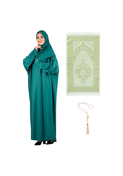 Modish Group Namaz Elbisesi Eşarp Seccade Tesbih Set, İslami Giyim Takım Ferace Turban Şal Yeşil