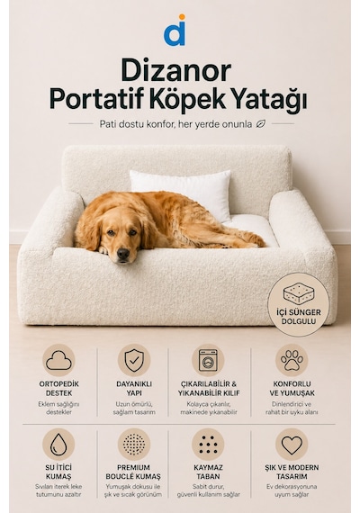 Dizanor Softnest 3 Parça Modüler Sünger Köpek Yatağı Ve Yastık Seti Krem Büyük Boy