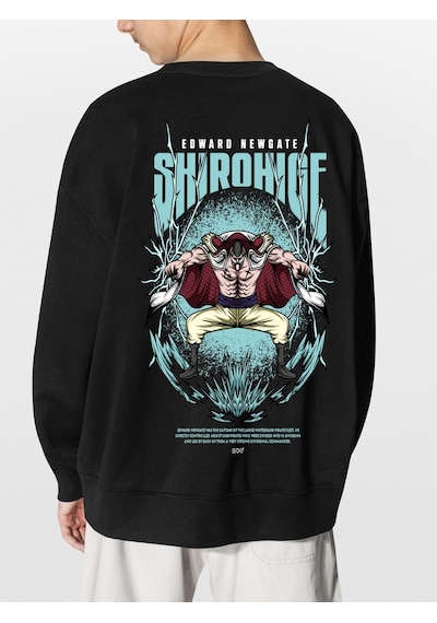Unisex Siyah Whitebird Baskılı Hoodie Oversize Kapşonsuz Sweatshirt Siyah