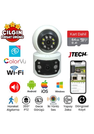 O-kam 4047 3mp 3mp 4mp Wi-fi 2 Lens Alert Ptz Akıllı Masaüstü Kamera + 64gb Sd Kart Dahil