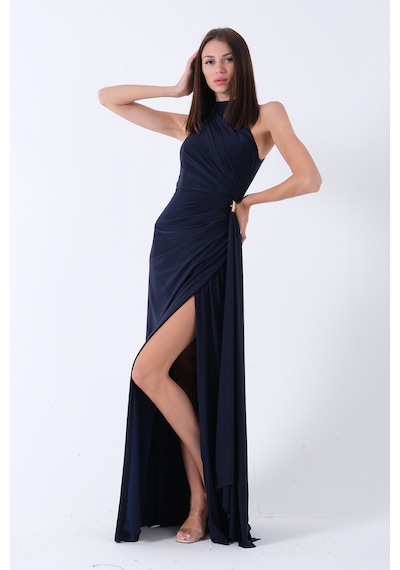 Feminist Lacivert Halter Yaka Drapeli Beli Gold Toka Detaylı Straplez Abiye 9705862