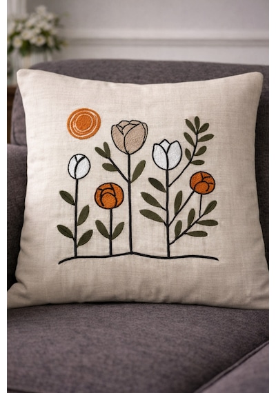 Punch Panç Nakışlı İşlemeli Kırlent Kılıfı 43x43cm Dekoratif Gündelik Kırlent Kılıfı - 1 Adet Renkli Gül