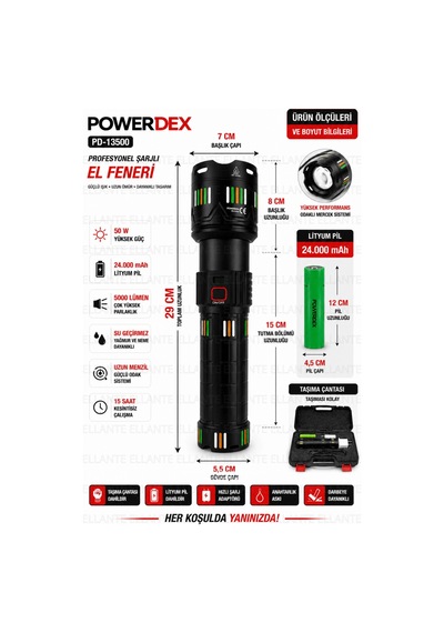 Şarjlı El Feneri 5000 Lümen 24.000 Mah Lityum Pil Taşıma Çantalı Profesyonel Set Pd-13500 Çok Renkli