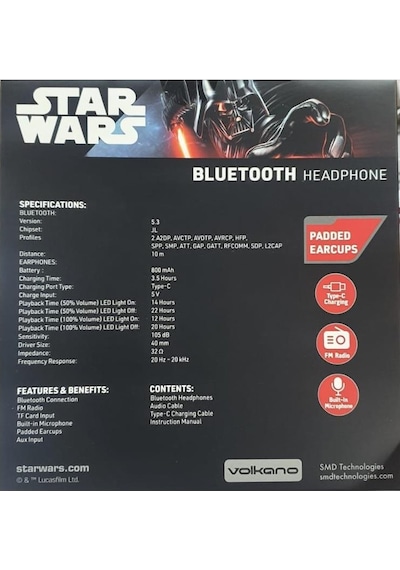 Star Wars Darth Vader Bluetooth Kulaklık Led Işıklı Mikrofonlu Kablosuz Radyolu Lisanslı Sw-2021-ds