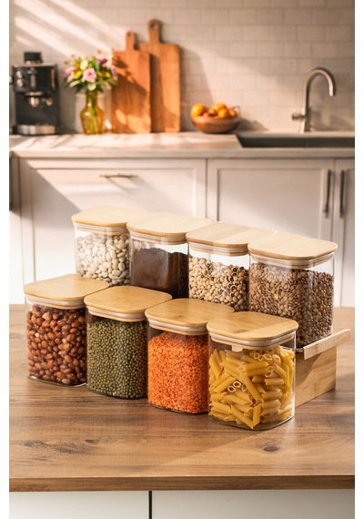 Porsima 5-4 Bambu Vakumlu Kapaklı Kare Borsilikat Cam 8li Kavanoz Seti Saklama Kabı 750ml 7,5x15cm