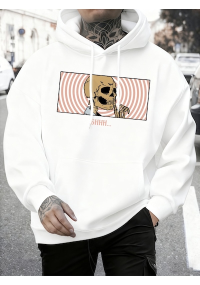 Startmore Startmorethe Skull Under Consideration Kapüşonlu Üst Erkek Sonbahar Sıcak Gevşek Sweatshirt Günlük Pol Beyaz