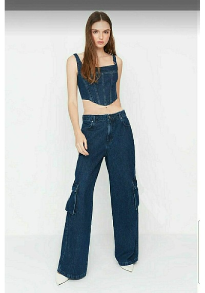 Lavajeans Kadın Koyu Mavi Likralı Kargo Cep Lavajeans Wide Leg Mavi Koyu P1 Koyu Mavi