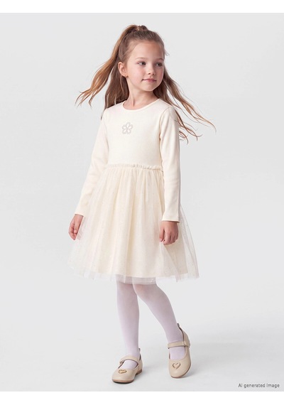LC Waikiki Lcw Kids Ekru Taş İşlemeli Bisiklet Yaka Tül Detaylı Kız Çocuk Elbise Cream