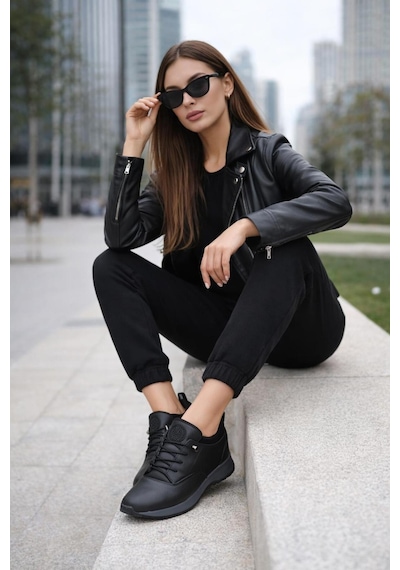 Aymood Streç Günlük Kadın Ayakkabı Siyah Cilt Si Yah