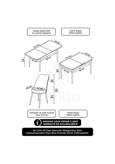 Canisa Concept Han Serisi 70x114, Açılabilir Mdf Mutfak Masa Takımı, Beyaz Masa Ve 6 Kiremit Sandalye Masa Beyaz Sandalyeler Kiremit