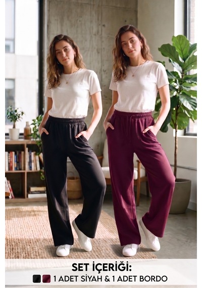 Bigmost Kadın 2'li Set Oversize Oysho Modal Kumaş Beli Lastikli Cepli Günlük Eşofman Altı Siyah - Bordo