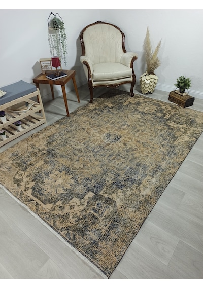 Eskitme Madalyon Desenli Hardal Ve Lacivert Vintage Salon Halısı - 4113ou