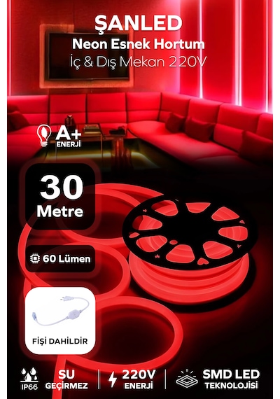 Neon Esnek Hortum Şerit Led Kırmızı Rengi 220v Fiş/1,2,3,4,5,10,15,20,25,30,50,100 Metre 30 Metre