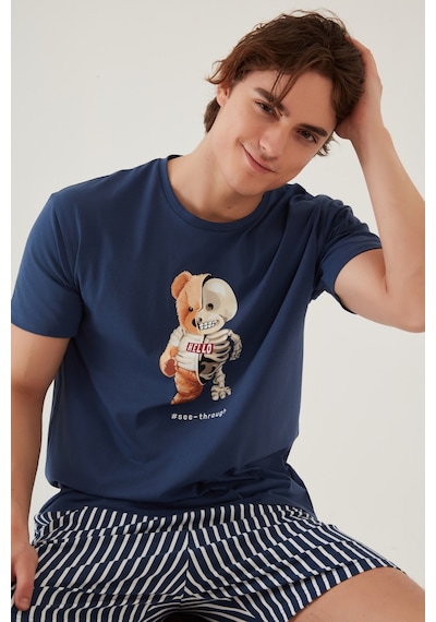 Erkek Pamuklu Mavi Baskılı Cepli Şort Pijama Takımı Ke30320 Mavi - Beyaz