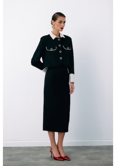 Sateen Kontrast Kısa Tüvit Ceket - Siyah-135059 Siyah