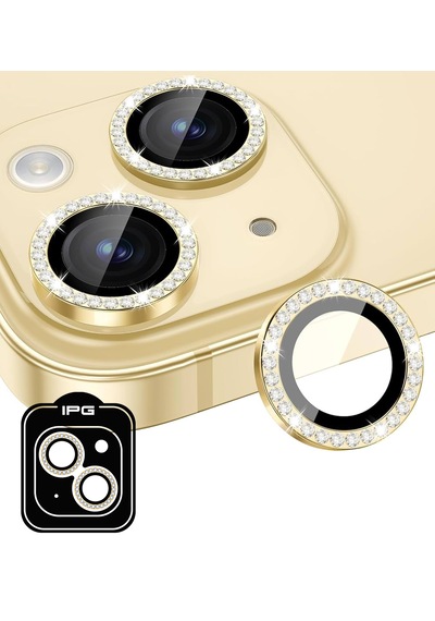 Apple Uyumlu iPhone 14 / 14 Plus İçin Ipg Kamera Lens Koruyucu - Taşlı - Altın